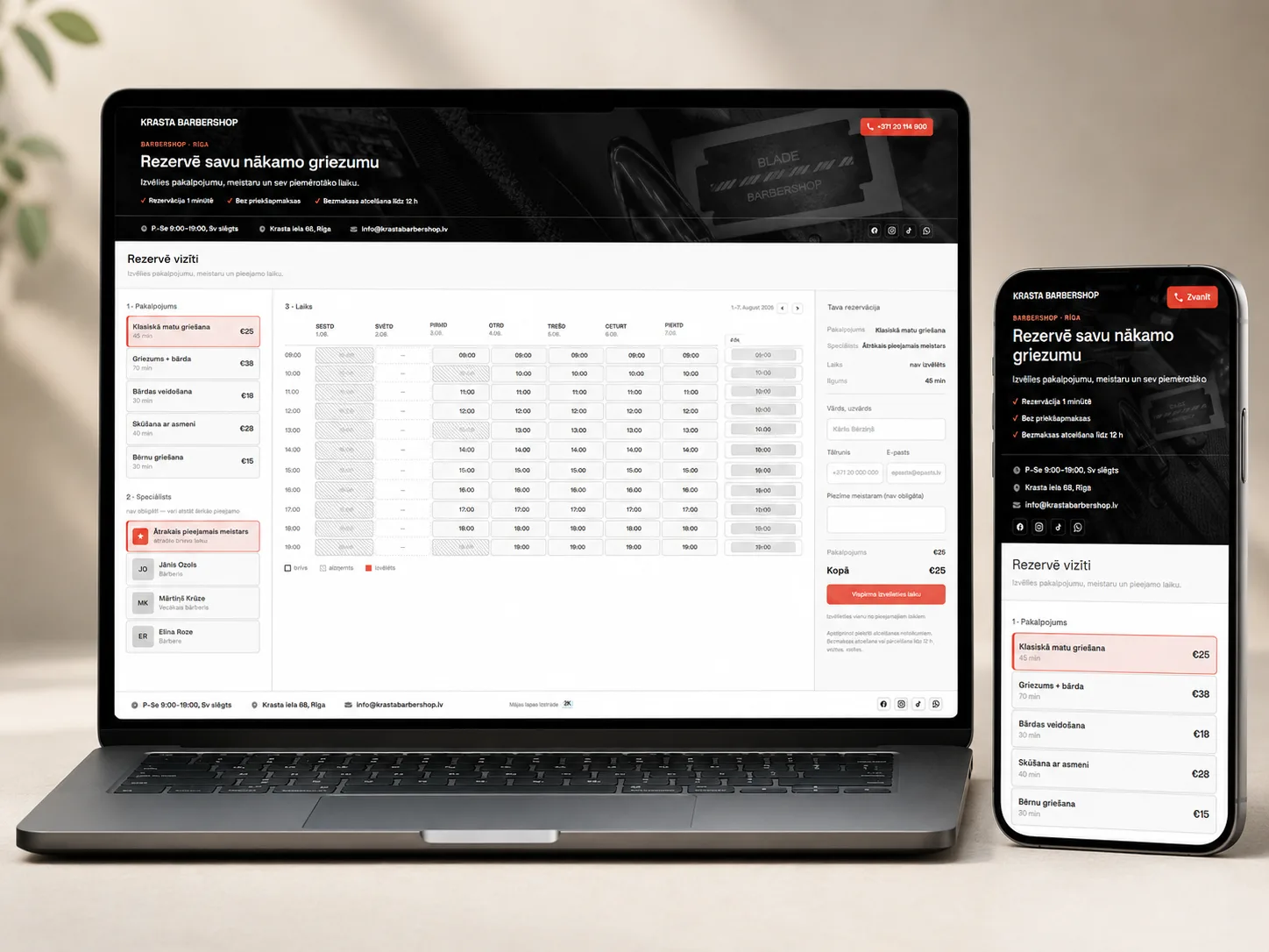 The booking system on a computer and a phone: the service list, choosing a specialist and the weekly grid of free slots