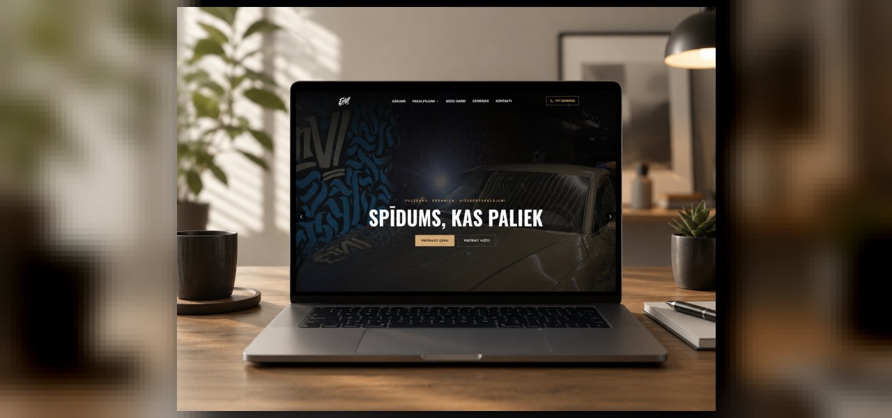 EnVi Detailing — Pakalpojumu mājaslapa ar pārvaldāmu sākuma slaidrādi, strukturētu pakalpojumu katalogu un darbu galeriju.
